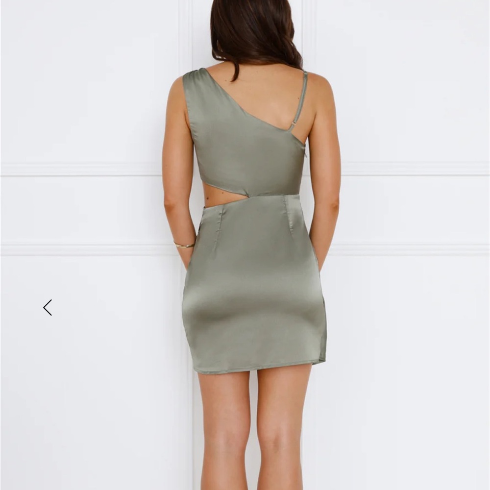 Hello Molly Asymmetrical Satin Dress in Olive - Picture 6 of 7